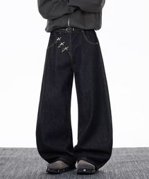 変形ファイヤーマンフックデザインワイドシルエットデニムパンツ