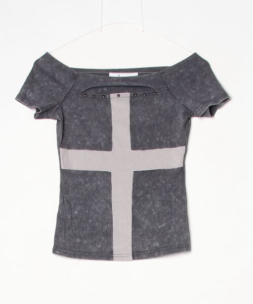 .KOM(ドットコム)の「A'GEM/9 × .kom 『.KOM/ドットケーオーエム』フロントクロスデザイン半袖トップス(Tシャツ/カットソー・レディース・グレー/ブラック/ライトグレー・FREE)」の10枚目の写真