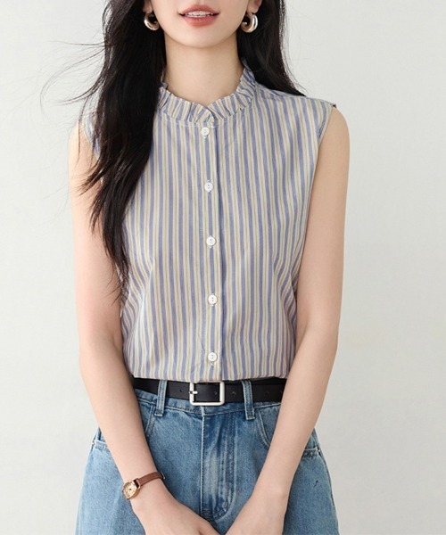 ReRe（リリ）の「フリルネックストライプブラウス（シャツ/ブラウス・レディース・ベージュ・MEDIUM/LARGE/X-LARGE）」の3枚目の写真