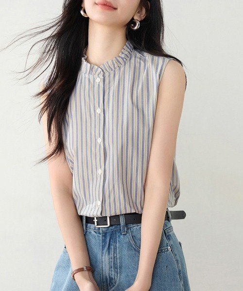 ReRe（リリ）の「フリルネックストライプブラウス（シャツ/ブラウス・レディース・ベージュ・MEDIUM/LARGE/X-LARGE）」の7枚目の写真