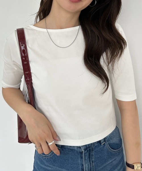 umune（ウムネ）の「Tシャツ 半袖 クロップド丈 ショート丈 2WAY ショートスリーブ カットソー 丸首 クルーネック 無地 コンパクト 夏（Tシャツ/カットソー・レディース・ブラック/オフホワイト/グレイッシュブルー・FREE）」の11枚目の写真