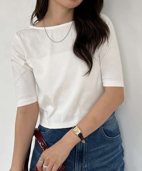 umune（ウムネ）の「Tシャツ 半袖 クロップド丈 ショート丈 2WAY ショートスリーブ カットソー 丸首 クルーネック 無地 コンパクト 夏（Tシャツ/カットソー・レディース・ブラック/オフホワイト/グレイッシュブルー・FREE）」の12枚目の写真
