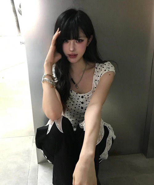 gossip!ロサンゼルス(ゴシップロサンゼルス)の「【Y2Kガーリー】 半袖 ドット柄 ヘンリーネック カットソー タイト(Tシャツ/カットソー・レディース・ドット・M)」の11枚目の写真