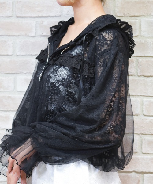 axes femme POETIQUE(アクシーズファムポエティック)の「チュール×レースパーカー(カーディガン/ボレロ・レディース・ホワイト/ブラック・MEDIUM)」の6枚目の写真