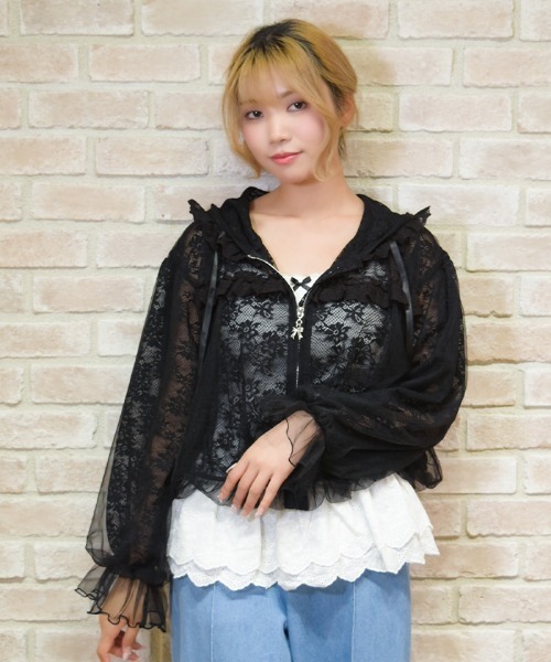 axes femme POETIQUE(アクシーズファムポエティック)の「チュール×レースパーカー(カーディガン/ボレロ・レディース・ホワイト/ブラック・MEDIUM)」の13枚目の写真
