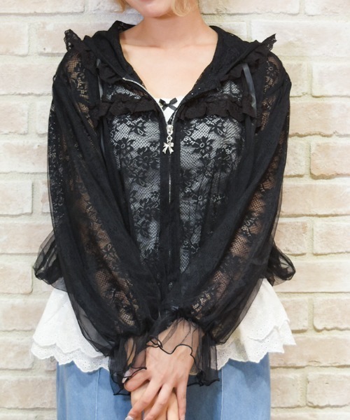 axes femme POETIQUE(アクシーズファムポエティック)の「チュール×レースパーカー(カーディガン/ボレロ・レディース・ホワイト/ブラック・MEDIUM)」の3枚目の写真