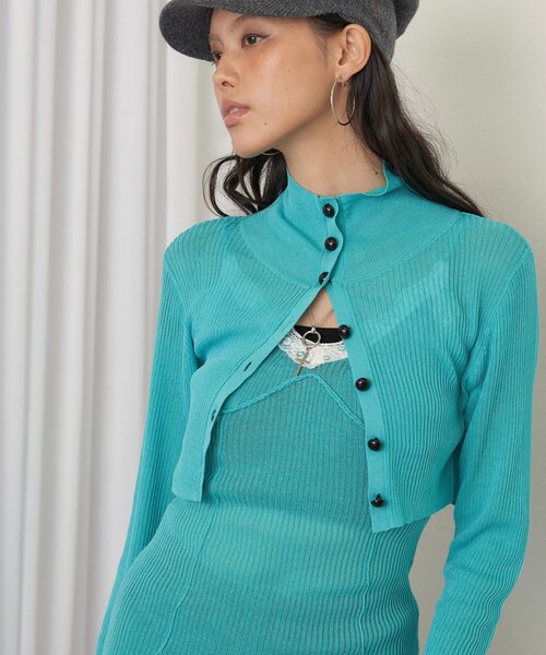WHO'S WHO gallery(フーズフーギャラリー)の「【26AW LOOK掲載品番】シアーリブハイネックカーデ(カーディガン/ボレロ・レディース・パープル/オフホワイト/ブラウン/ミント/ブラック・FREE)」の1枚目の写真
