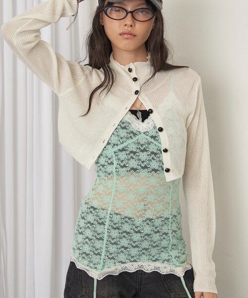 WHO'S WHO gallery(フーズフーギャラリー)の「【26AW LOOK掲載品番】シアーリブハイネックカーデ(カーディガン/ボレロ・レディース・パープル/オフホワイト/ブラウン/ミント/ブラック・FREE)」の6枚目の写真