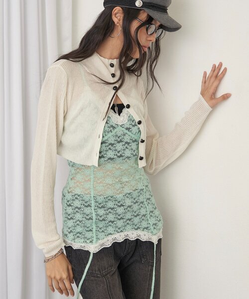 WHO'S WHO gallery(フーズフーギャラリー)の「【26AW LOOK掲載品番】シアーリブハイネックカーデ(カーディガン/ボレロ・レディース・パープル/オフホワイト/ブラウン/ミント/ブラック・FREE)」の7枚目の写真