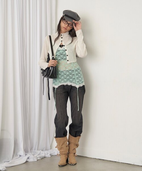 WHO'S WHO gallery(フーズフーギャラリー)の「【26AW LOOK掲載品番】シアーリブハイネックカーデ(カーディガン/ボレロ・レディース・パープル/オフホワイト/ブラウン/ミント/ブラック・FREE)」の9枚目の写真