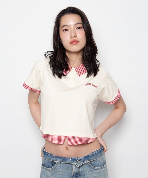 PUNYUS(プニュズ)の「フェイクレイヤードポロシャツ(Tシャツ/カットソー・レディース・ネイビー/グレー/アイボリー・1/2/3/4/5)」の5枚目の写真