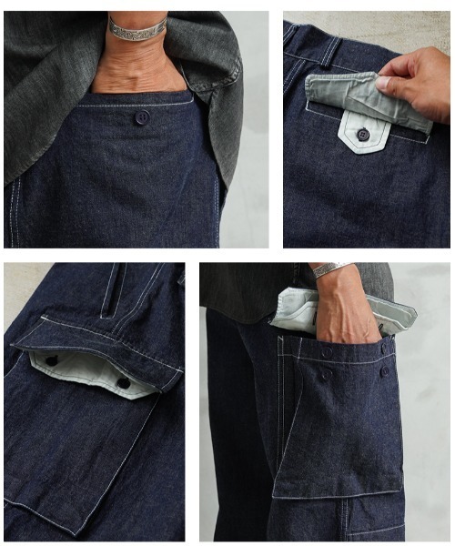 WAIPER.inc（ワイパーインク）の「WAIPER.inc フランス軍 M-47 カーゴパンツ KURABO DENIM【WP1170】（デニムパンツ・メンズ・ネイビー×ホワイト/ネイビー系・25/24）」の9枚目の写真