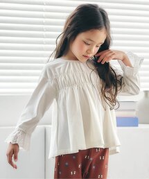 apres les cours（アプレレクール）の「袖レースシャーリング長袖トップス（Tシャツ/カットソー）」