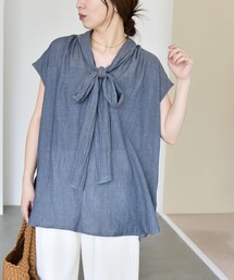 quaranciel:〈手洗い可能〉シアー デニム ボウタイ フレンチスリーブ ブラウス