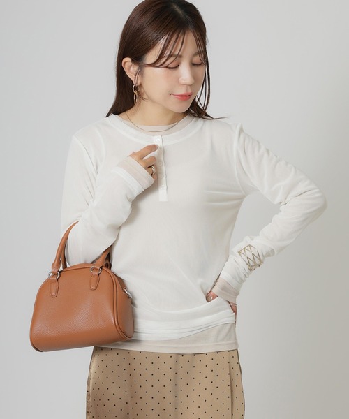Riberry（リベリー）の「パワーネットヘンリーネック+シアーインナーセット（Tシャツ/カットソー・レディース・アイボリー/ブラック/ネイビー/ブラウン・FREE）」の2枚目の写真
