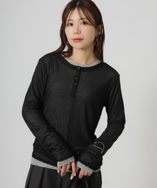 Riberry（リベリー）の「パワーネットヘンリーネック+シアーインナーセット（Tシャツ/カットソー・レディース・アイボリー/ブラック/ネイビー/ブラウン・FREE）」の3枚目の写真
