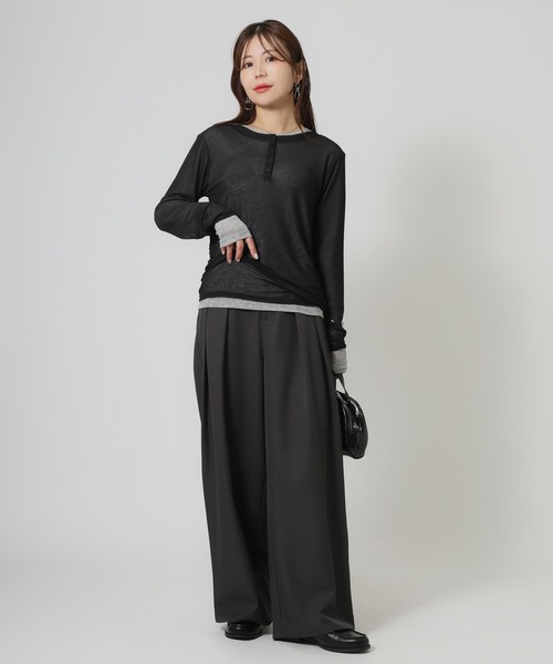 Riberry（リベリー）の「パワーネットヘンリーネック+シアーインナーセット（Tシャツ/カットソー・レディース・アイボリー/ブラック/ネイビー/ブラウン・FREE）」の18枚目の写真