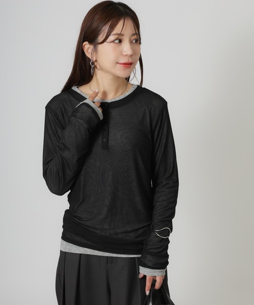 Riberry（リベリー）の「パワーネットヘンリーネック+シアーインナーセット（Tシャツ/カットソー・レディース・アイボリー/ブラック/ネイビー/ブラウン・FREE）」の6枚目の写真