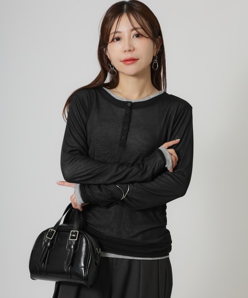 Riberry（リベリー）の「パワーネットヘンリーネック+シアーインナーセット（Tシャツ/カットソー・レディース・アイボリー/ブラック/ネイビー/ブラウン・FREE）」の21枚目の写真