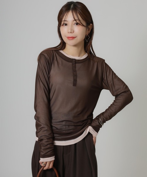 Riberry（リベリー）の「パワーネットヘンリーネック+シアーインナーセット（Tシャツ/カットソー・レディース・アイボリー/ブラック/ネイビー/ブラウン・FREE）」の17枚目の写真