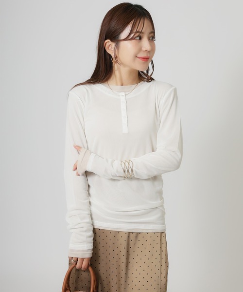 Riberry（リベリー）の「パワーネットヘンリーネック+シアーインナーセット（Tシャツ/カットソー・レディース・アイボリー/ブラック/ネイビー/ブラウン・FREE）」の9枚目の写真