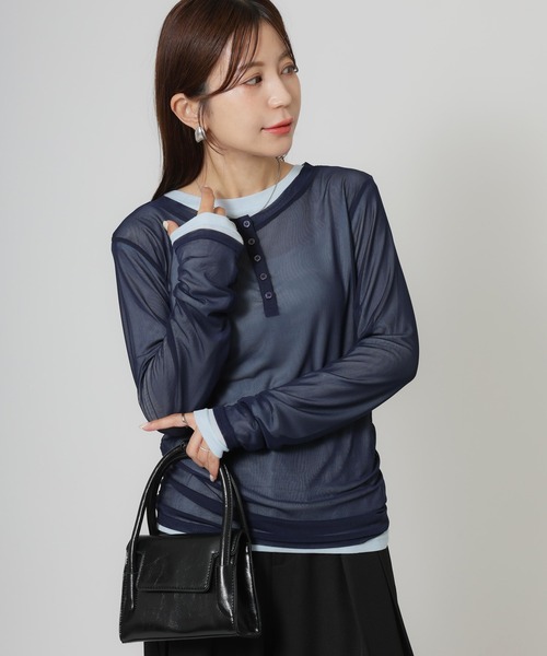 Riberry（リベリー）の「パワーネットヘンリーネック+シアーインナーセット（Tシャツ/カットソー・レディース・アイボリー/ブラック/ネイビー/ブラウン・FREE）」の13枚目の写真
