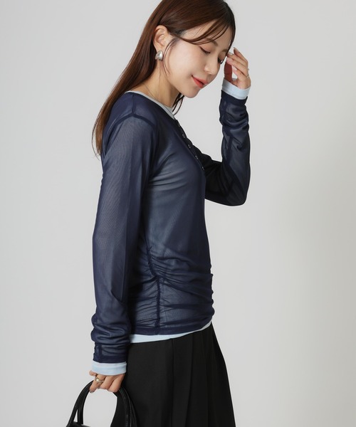 Riberry（リベリー）の「パワーネットヘンリーネック+シアーインナーセット（Tシャツ/カットソー・レディース・アイボリー/ブラック/ネイビー/ブラウン・FREE）」の12枚目の写真