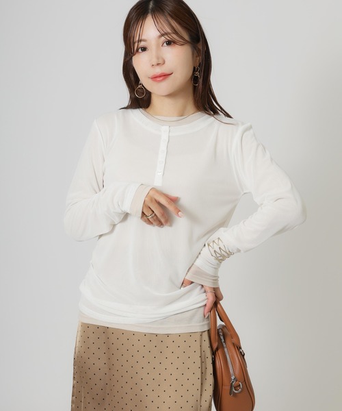 Riberry（リベリー）の「パワーネットヘンリーネック+シアーインナーセット（Tシャツ/カットソー・レディース・アイボリー/ブラック/ネイビー/ブラウン・FREE）」の10枚目の写真