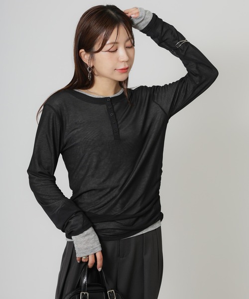 Riberry（リベリー）の「パワーネットヘンリーネック+シアーインナーセット（Tシャツ/カットソー・レディース・アイボリー/ブラック/ネイビー/ブラウン・FREE）」の7枚目の写真