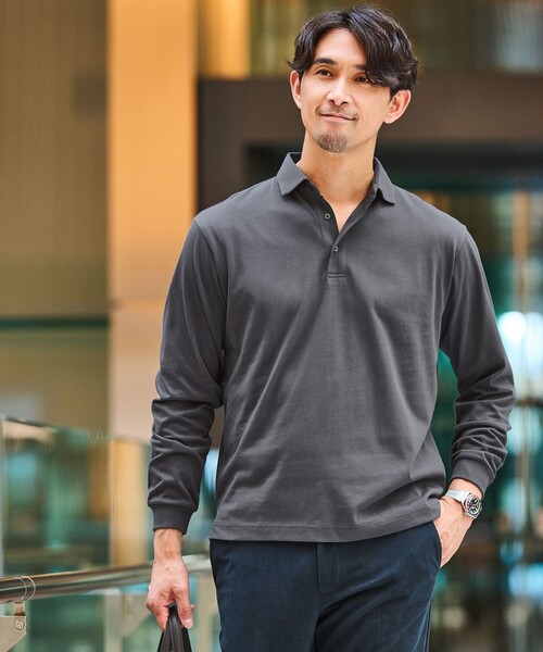 green label relaxing(グリーンレーベルリラクシング)の「【WEB限定】JUST fit デイリー ドライ カッタウェイ 長袖 ポロシャツ -吸水速乾・抗菌-(ポロシャツ・メンズ・ブラック/ダークグレー/ネイビー・M/XL/S/L)」の1枚目の写真