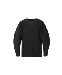 メンズ 長袖ラウンドネック プリーツTシャツ(ブラック)