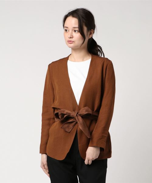 un dix cors(アンディコール)の「ノーカラーリネンカジュアルジャケット(ノーカラージャケット・レディース・ブラウン・フリ-)」の5枚目の写真