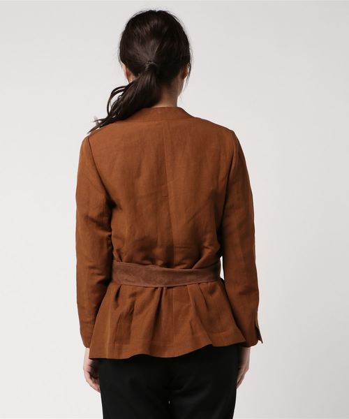 un dix cors(アンディコール)の「ノーカラーリネンカジュアルジャケット(ノーカラージャケット・レディース・ブラウン・フリ-)」の2枚目の写真
