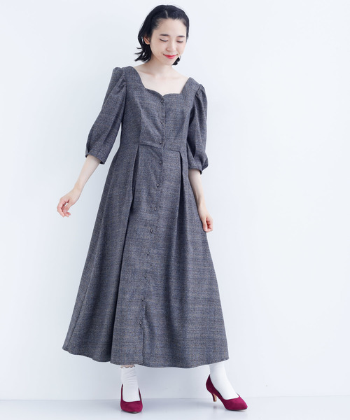 Merlot Plus メルロープリュス の グレンチェックスカラップネックワンピース7734 ワンピース Wear