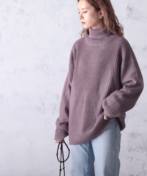 セール】タートルネックミドル丈無地ローゲージニットプルオーバー