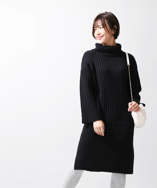 WEGO(ウィゴー)の「WEGO/オフタートルワイドリブスリットワンピース(ワンピース・レディース・ブラック/ベージュ/ブラウン・FREE)」の8枚目の写真