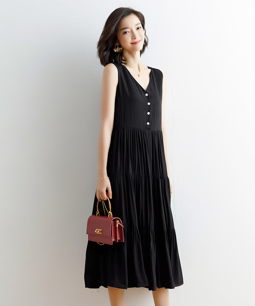 Chloe】 V ティアード ノースリーブ リトルブラックドレス