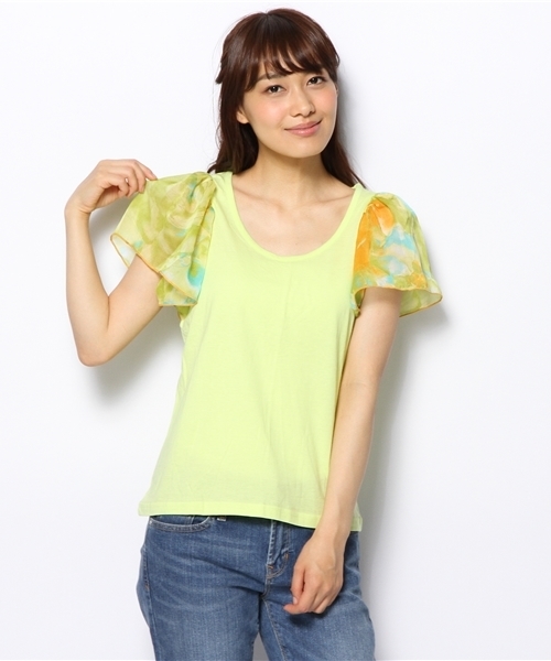 OUTLET(アウトレット)の「【Kastane】袖プリントシフォンプルオーバー(Tシャツ/カットソー・レディース・ライム・FREE)」の1枚目の写真