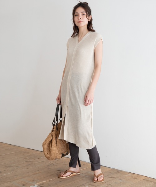 Munich（ミューニック）の「コットンリネンリブニット　ロングワンピース（ワンピース・レディース・ネイビー/カーキ/キナリ・FREE）」の5枚目の写真