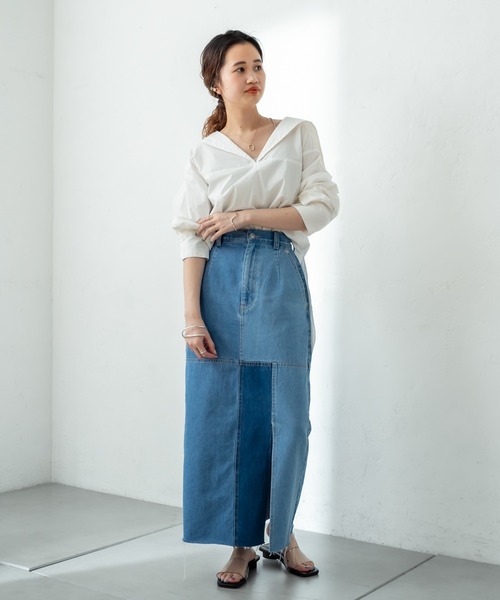 mystic（ミスティック）の「パッチワークデニムスカート（デニム