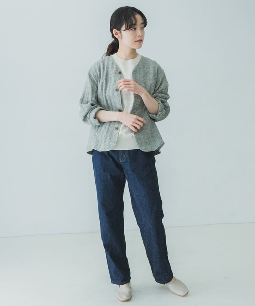 ◆ほぼ新品◆   かぐれ　リネンヘリンボンノーカラージャケット　グレー かぐれ（カグレ）の「リネンヘリンボンノーカラージャケット
