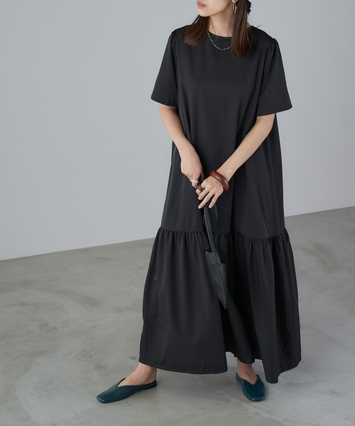 Chaco closet（チャコ クローゼット）の「3Wayボリュームギャザー裾切り替え半袖シャツワンピース/ロングカーデ（ワンピース・レディース・ブラック/ブラウン/オフホワイト/イエロー/オレンジ/ブルー/ブラック系その他/グレイッシュベージュ/ブラック系その他2・FREE）」の3枚目の写真