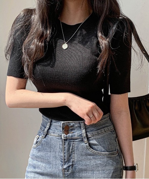 merongshop（メロンショップ）の「MERONGSHOP パステルマカロンニットT（Tシャツ/カットソー・レディース・スカイブルー/ブラック/ピンク/イエロー/アイボリー/ブルー・FREE）」の3枚目の写真