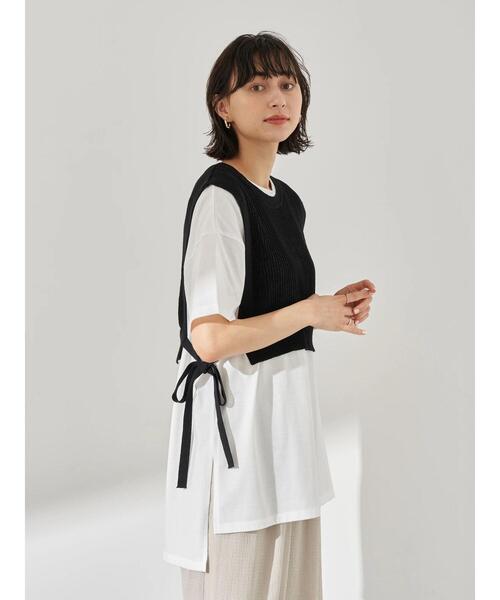 earth music&ecology（アースミュージックアンドエコロジー）の「SET2点 ショートニットベスト+スクエアヘムチュニック　＊（Tシャツ/カットソー・レディース・アイボリー/ブラック/カーキ・FREE）」の5枚目の写真