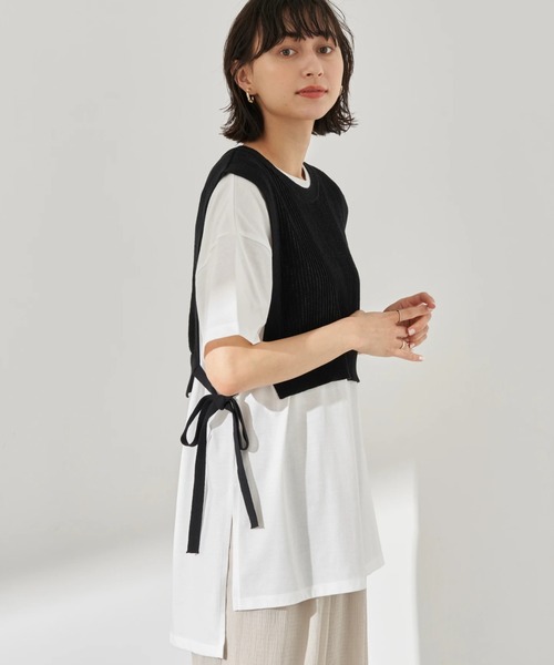 earth music&ecology（アースミュージックアンドエコロジー）の「SET2点 ショートニットベスト+スクエアヘムチュニック　＊（Tシャツ/カットソー・レディース・アイボリー/ブラック/カーキ・FREE）」の2枚目の写真