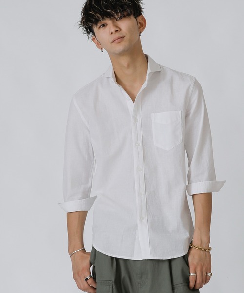 Beno（ビーノ）の「コットンリネン ホリゾンタルカラー 7分袖シャツ（シャツ/ブラウス・メンズ・ホワイト/カーキ/ライトピンク/グレー/ブルー/ネイビー/オレンジ/ブラック/サックスブルー/ワイン・M/L/LL）」の3枚目の写真