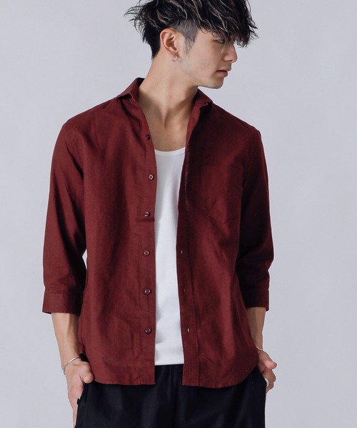 Beno（ビーノ）の「コットンリネン ホリゾンタルカラー 7分袖シャツ（シャツ/ブラウス・メンズ・ホワイト/カーキ/ライトピンク/グレー/ブルー/ネイビー/オレンジ/ブラック/サックスブルー/ワイン・M/L/LL）」の10枚目の写真