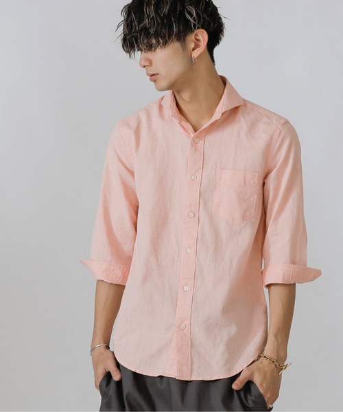 Beno（ビーノ）の「コットンリネン ホリゾンタルカラー 7分袖シャツ（シャツ/ブラウス・メンズ・ホワイト/カーキ/ライトピンク/グレー/ブルー/ネイビー/オレンジ/ブラック/サックスブルー/ワイン・M/L/LL）」の2枚目の写真