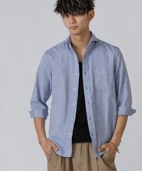 Beno（ビーノ）の「コットンリネン ホリゾンタルカラー 7分袖シャツ（シャツ/ブラウス・メンズ・ホワイト/カーキ/ライトピンク/グレー/ブルー/ネイビー/オレンジ/ブラック/サックスブルー/ワイン・M/L/LL）」の8枚目の写真