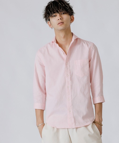 Beno（ビーノ）の「コットンリネン ホリゾンタルカラー 7分袖シャツ（シャツ/ブラウス・メンズ・ホワイト/カーキ/ライトピンク/グレー/ブルー/ネイビー/オレンジ/ブラック/サックスブルー/ワイン・M/L/LL）」の11枚目の写真